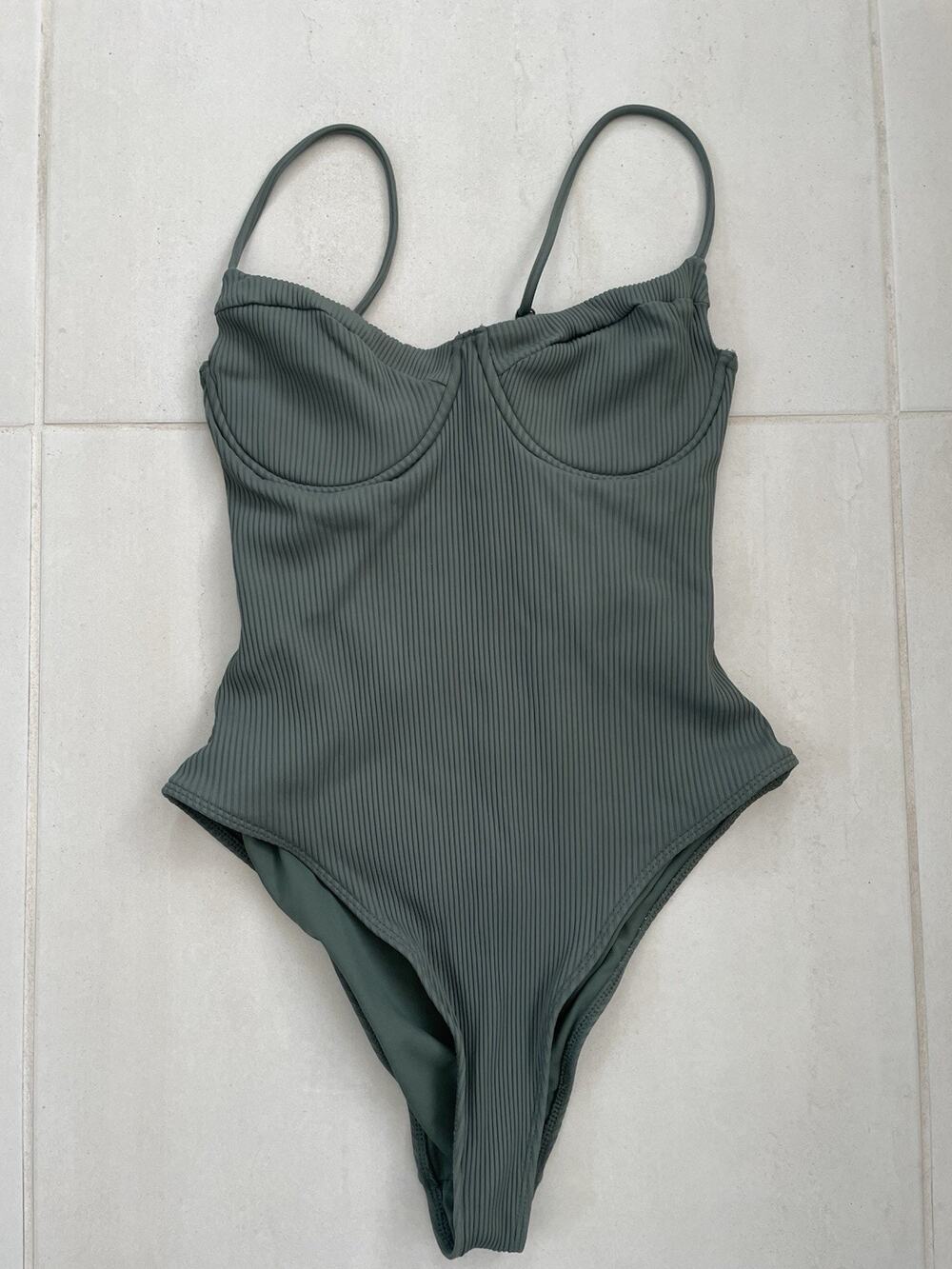 LA Hearts by Pacsun Swim One Piece Swimsuit Ribbed Olive Topanga